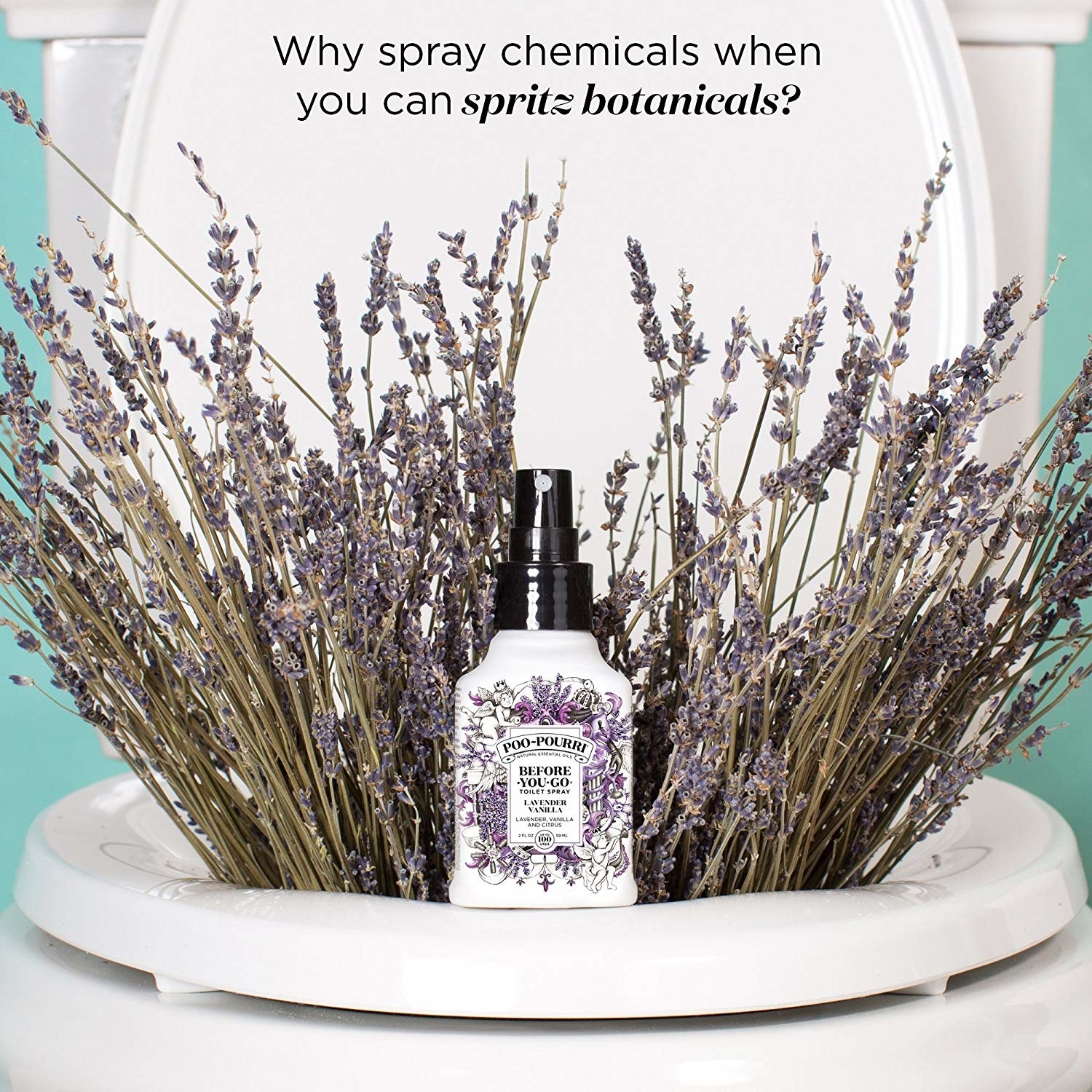 bottle of Poo-Pourri with a bouquet of lavender in at toilet bowl 
