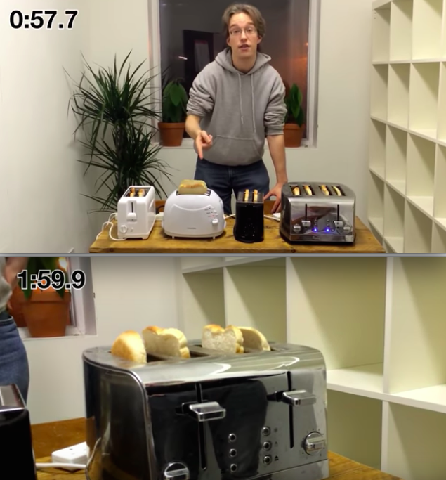 Someone testing toasters in a room