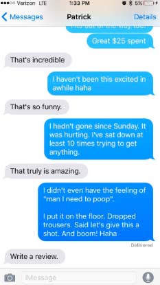 A reviewer's text conversation with a friend describing in detail how easily they were able to go with the Squatty Potty