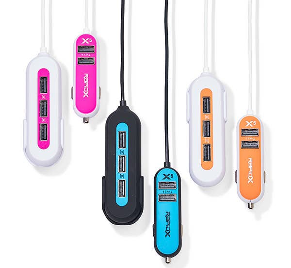 Three of the chargers, with three ports on top and two on the bottom, in white and pink, blue and black, and orange and white