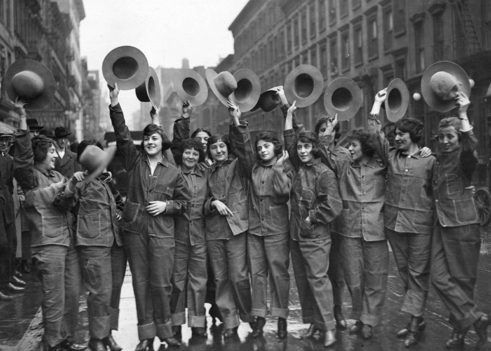 Women parade in their military uniforms in New York City, circa 1918.