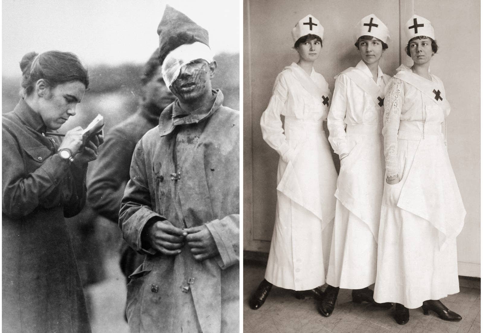 Left: A Salvation Army worker writes a letter home for a wounded soldier. Right: British nurses, circa 1916.