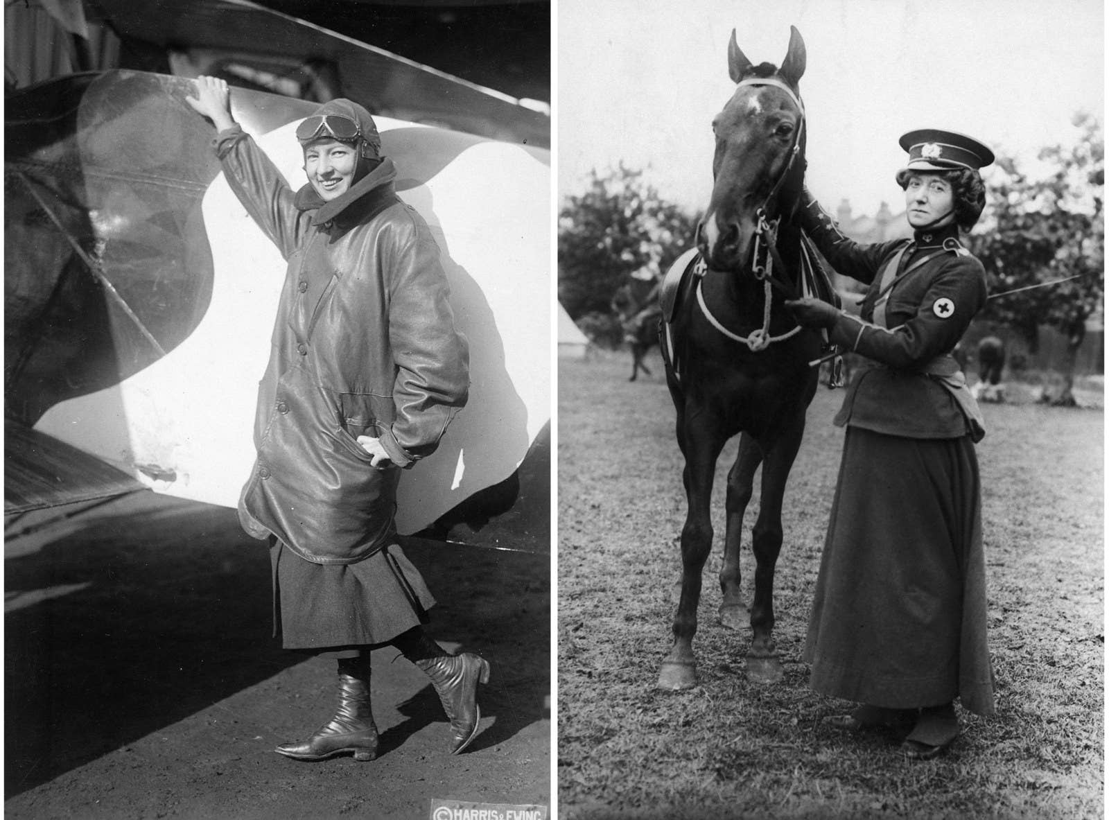 Left: Pilot Marjorie Stinson poses beside her aircraft, wearing a dress underneath a large bomber jacket and a pilot&#x27;s cap with glasses, 1917. Right: Mabel St Clair Stobart in the field, circa 1913. She founded the Women&#x27;s Sick and Wounded Convoy Corps, and organized hospitals in Europe during World War I.