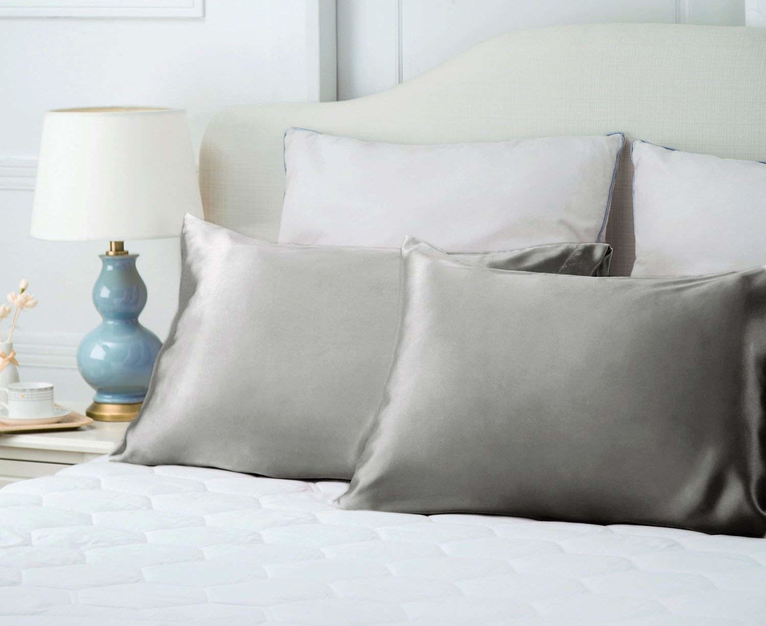 The Bedsure Silk Satin Pillowcases in silver gray