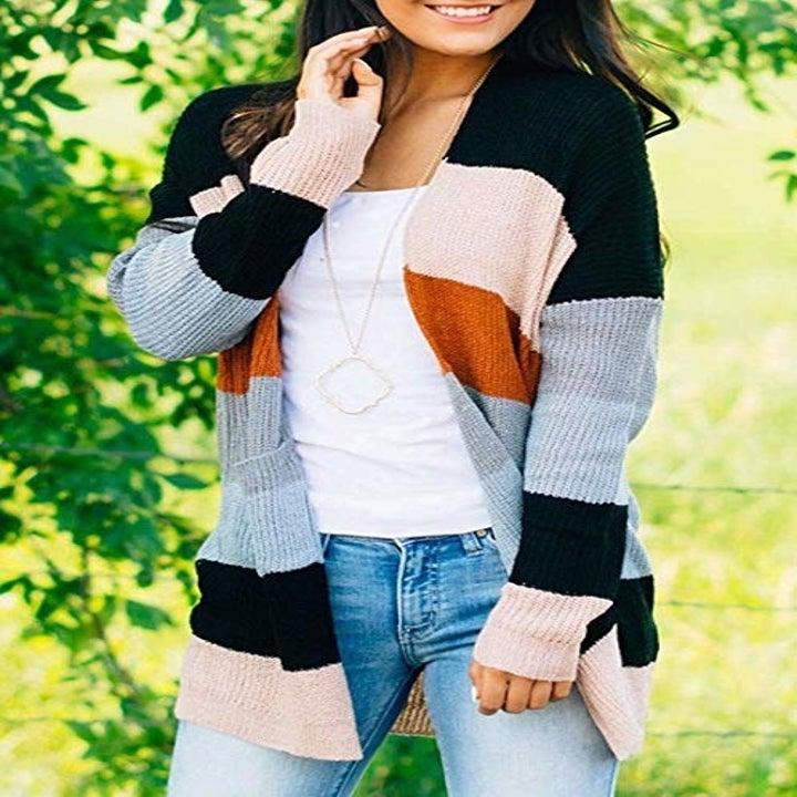 different cardigan with neutral color stripes