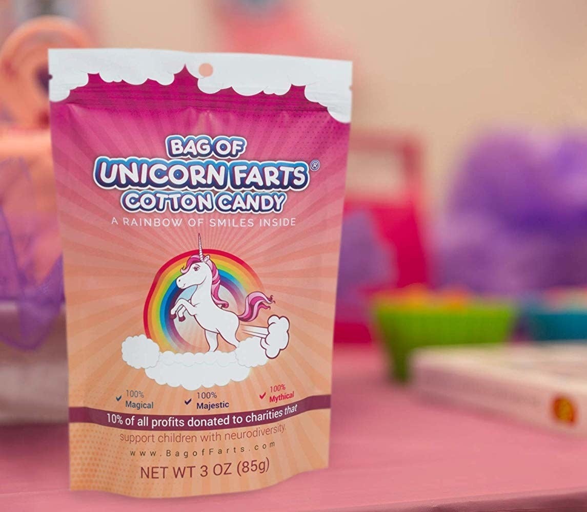 The pouch of candy with a farting unicorn on the front
