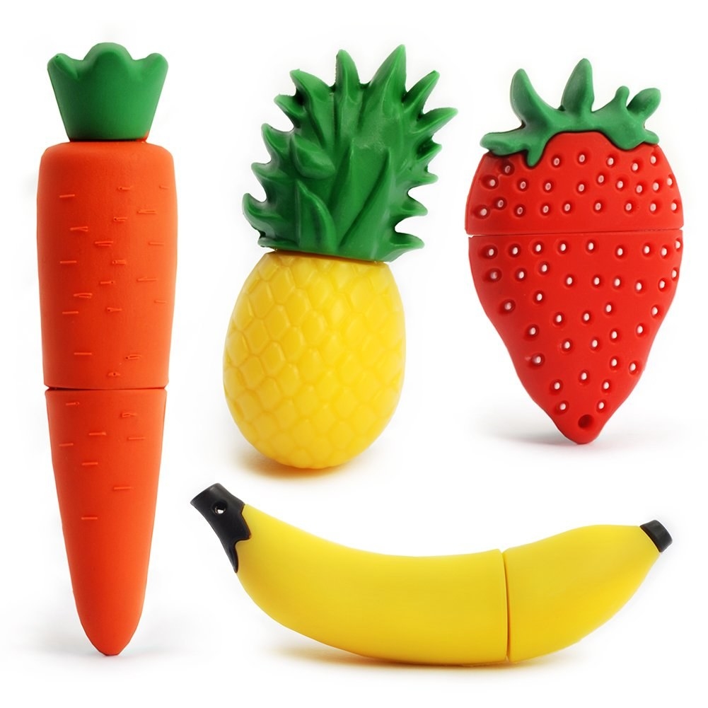 The carrot, pineapple, strawberry, and banana flash drives