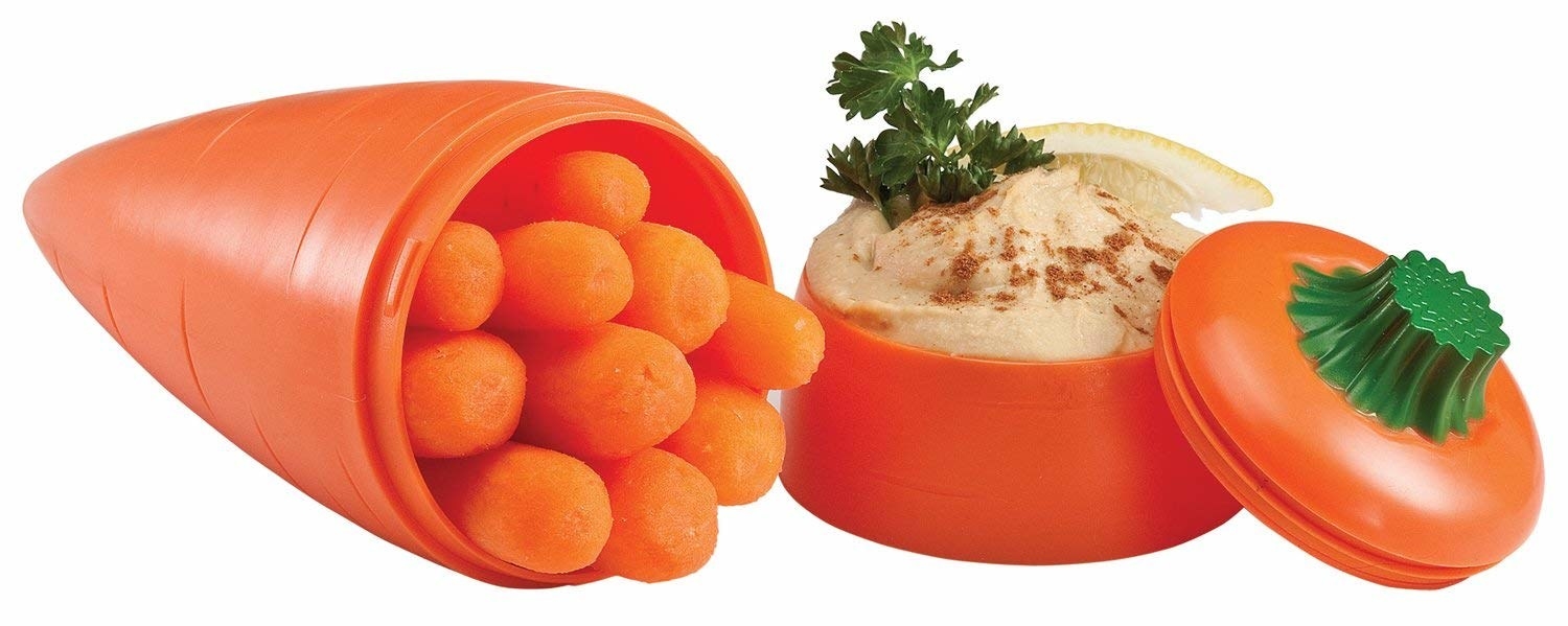 The carrot container with two compartments: a longer one for carrots, a round one for dip (like hummus) and a lid