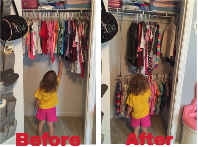 Reviewer&#x27;s before photo showing their child unable to reach their clothes in the closet and after photo showing them able to reach after the double rod was installed