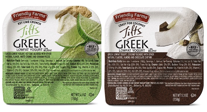 ALDI-exclusive and Product of the Year award winner, Friendly Farms Greek Yogurt Tilts contain low-fat greek yogurt and delectable toppings that can be combined with just a tilt – kids will love it! The Crazy for Coconut flavor contains a coconut blend with almond and chocolate chip topping. The Key Lime Crunch flavor contains a key lime blend with white chocolate chunks and graham cracker pieces.