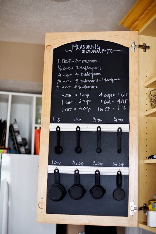 Check out the full tutorial here.Get the supplies you need on Amazon: a pack of four fine-tip chalk markers for $12.97, a set of ten small Command Hooks for $9.98 (because they won't put holes in your cabinet doors), and a jar of chalkboard paint for $10.32. Don't have time to paint? Try this chalkboard contact paper from Amazon for $12.99.