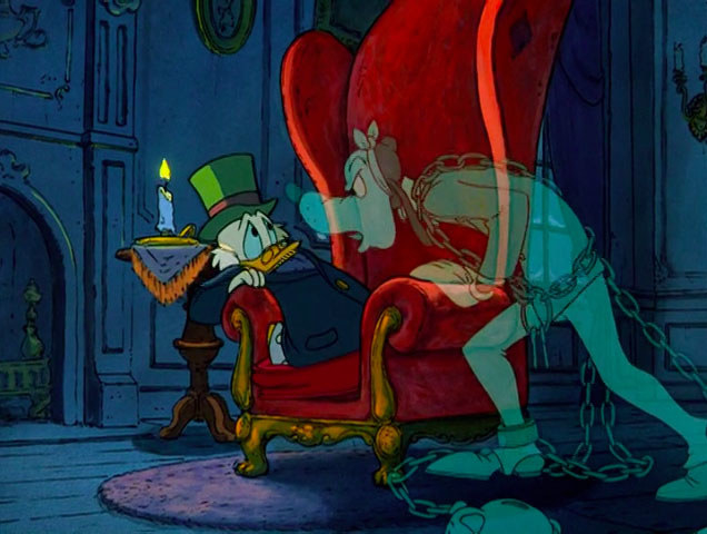 scrooge shrinking away from a ghost