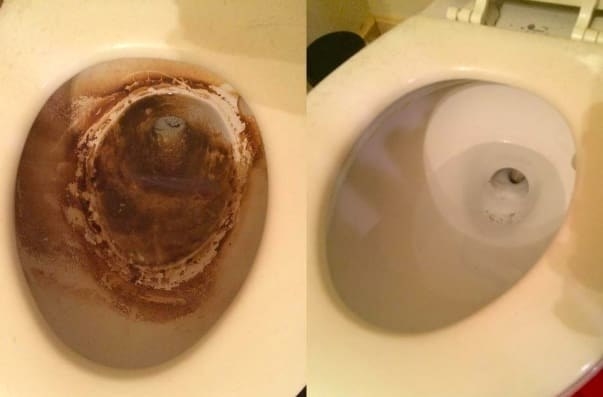 before: a toilet bowl stained dark brown; after: the toilet bowl looking perfectly clean