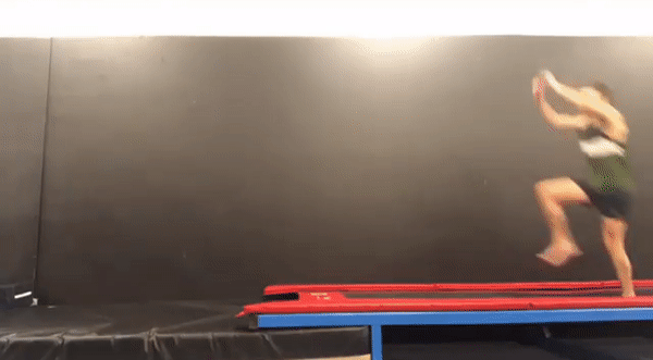 I can watch this GIF on repeat for hours. The most frustrating part while I was learning a front tuck was that my body kept twisting in the air. Gymnastics is all about keeping your body in sync, but I kept swinging one of my arms a little harder and faster than the other, and that caused the rotation. It took hours and hours of hard work and a lottttt of sweat and failed attempts, but I finally landed three in a row. More importantly, I didn't break any bones!