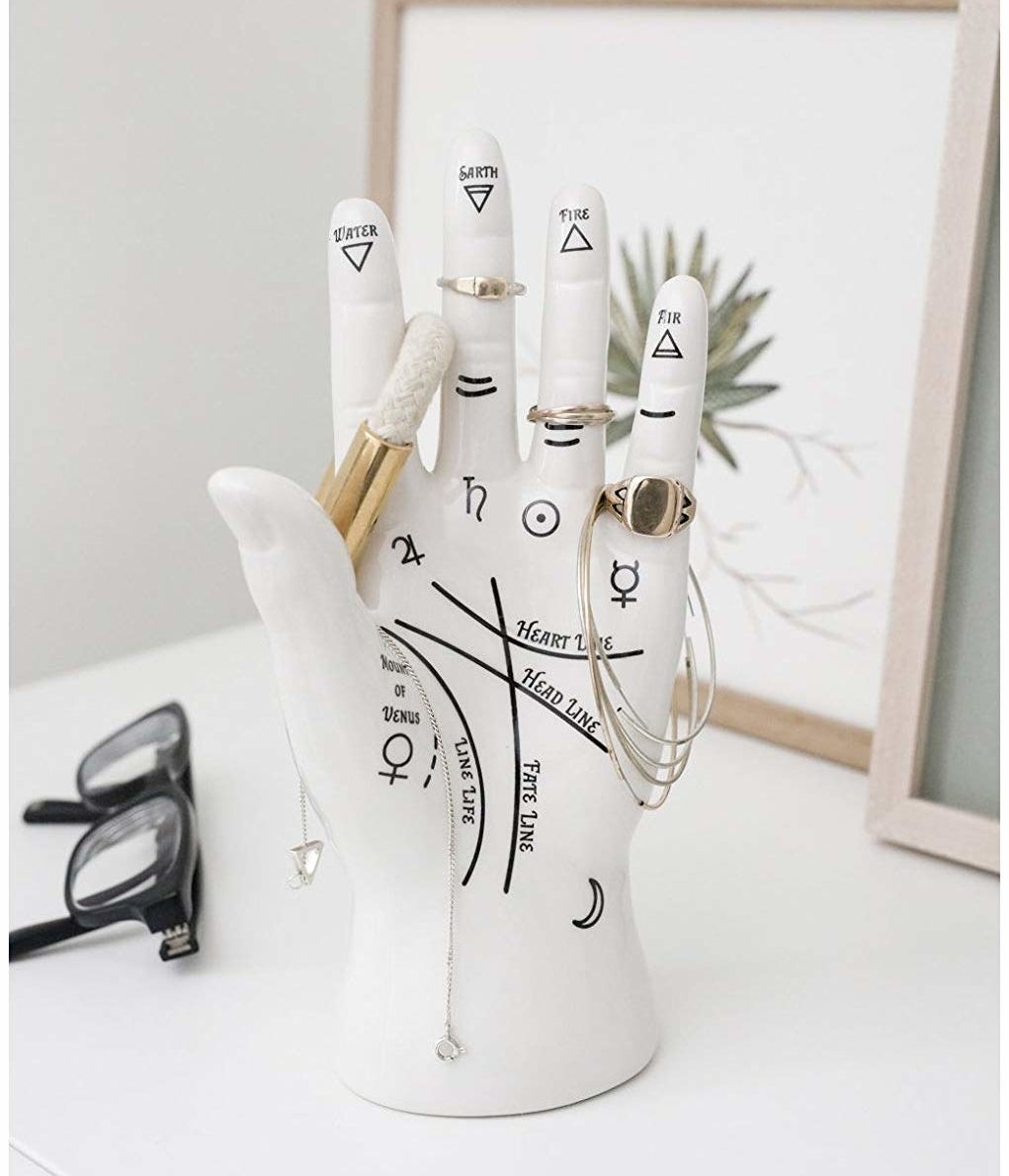 The hand figurine with lines and symbols inspired by palmistry 