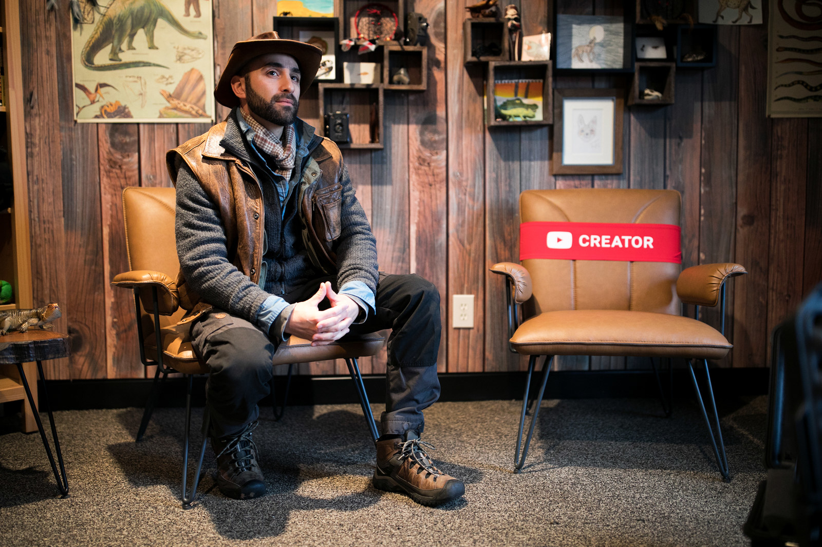 Coyote Peterson sits in the studio at his office in Columbus, Ohio. 