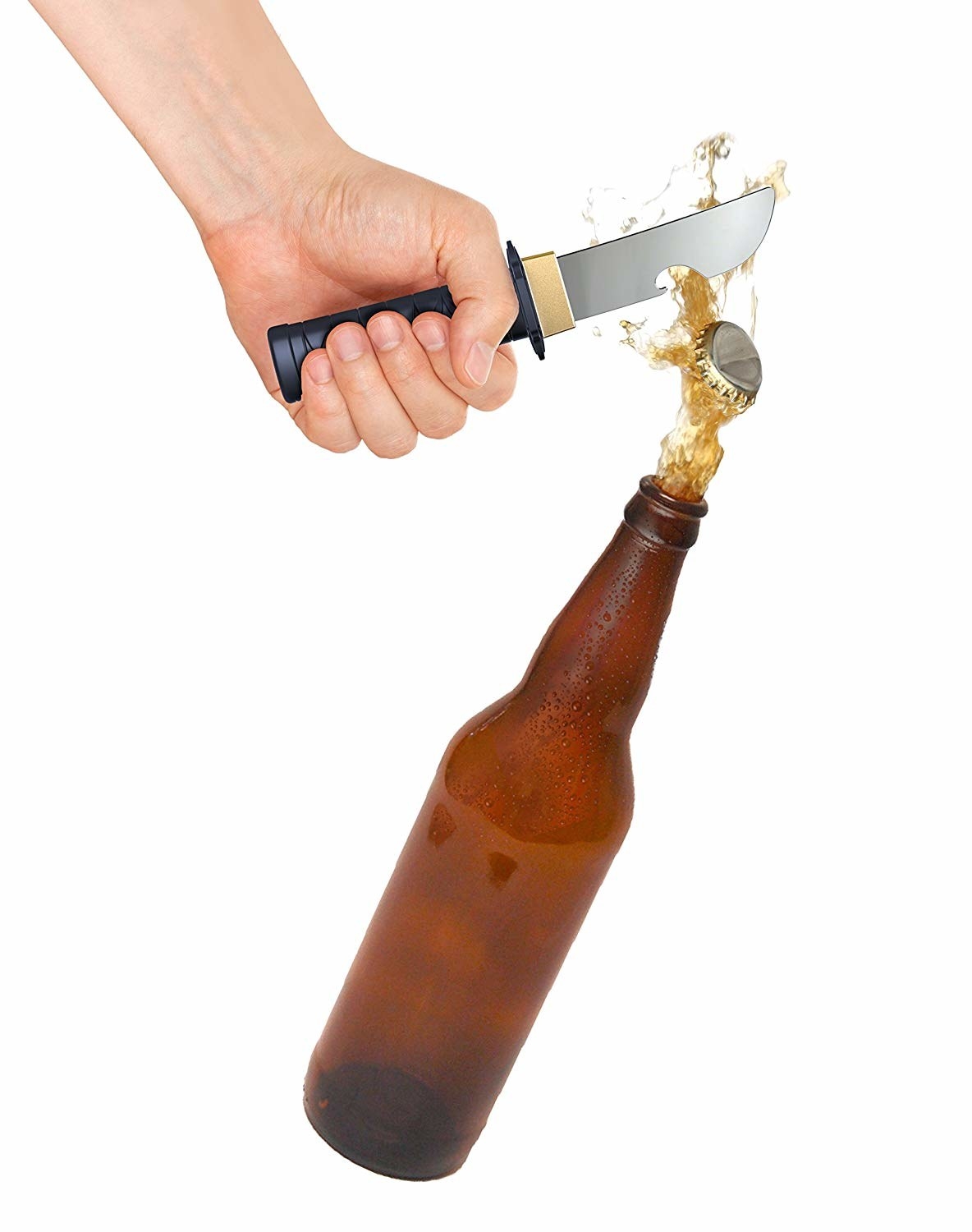 saber shaped bottle opener opening a bottle of beer