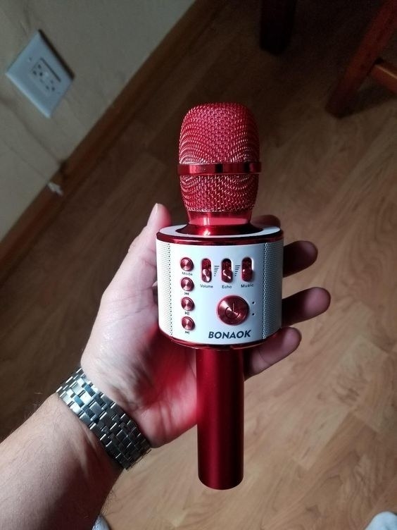 A reviewer holding the red microphone