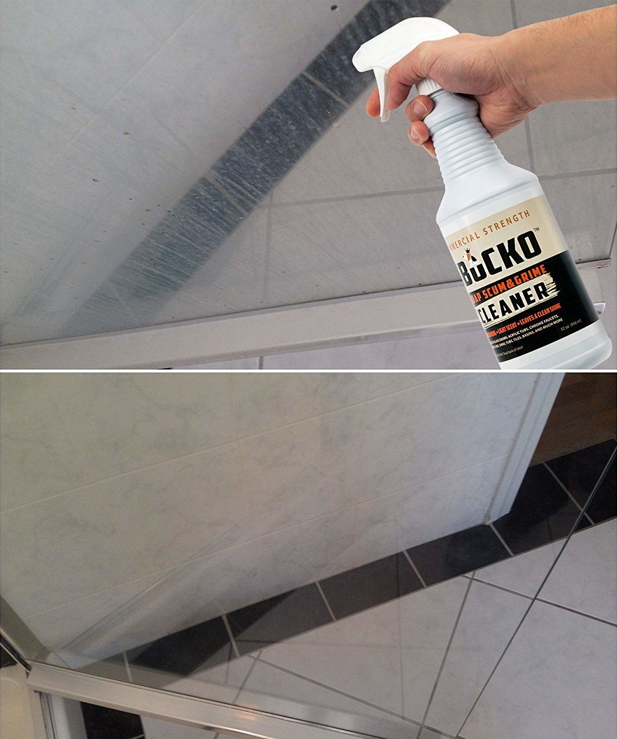 person spraying soap scum covered shower door and then a clean shower door