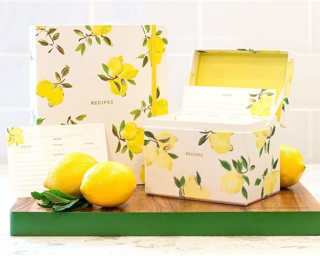 the recipes box covered in a lemon pattern 