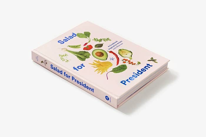 book title with salad components like spinach, avocado, artichoke, and tomatoes