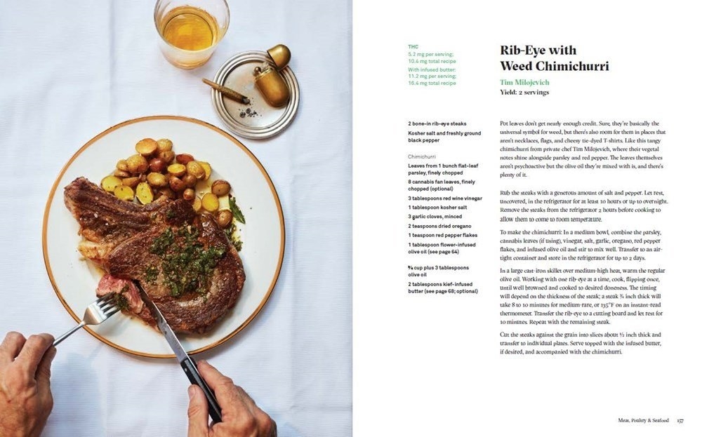 rib-eye with weed chimichurri photo on left page and recipe on right page