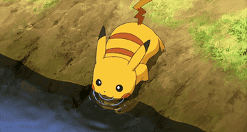 Pikachu drinking from a creek