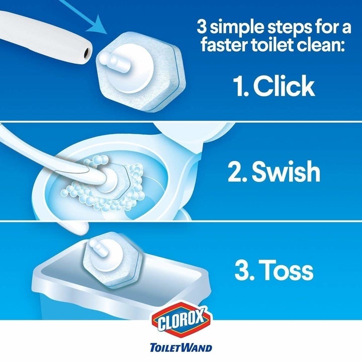 The three steps for using the wand: click the head on, swish it around your toilet, and toss