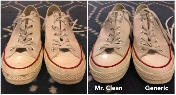 left: dirty sneakers right: sneakers looking equally clean. one cleaned my mr clean and one by generic