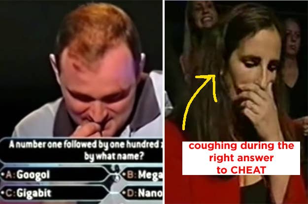 A man thinking about a question, and a woman covering her mouth with her hand with the text &quot;coughing during the right answer to CHEAT&quot;