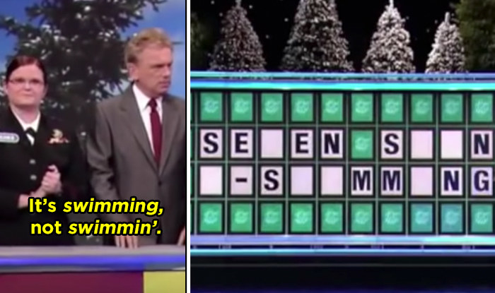 Contestant with Pat Sajak with the text &quot;It&#x27;s swimming, not swimmin&#x27;&quot; next to a photo of the phrase showing missing letters: &quot;Se_en s__n _-s__mm_ng&quot;