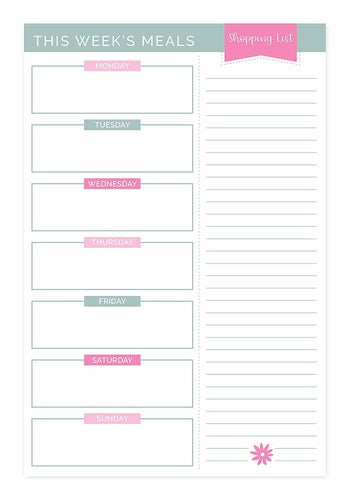 the sheet with sections for meal planning and a lined list for groceries