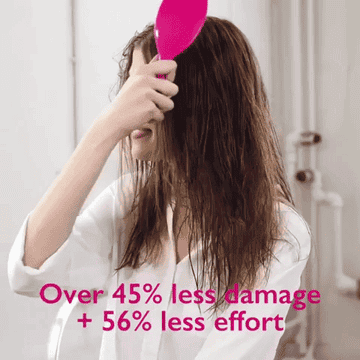 A gif of a model brushing through damp hair, with text &quot;over 45% less damage and 56% less effort&quot;