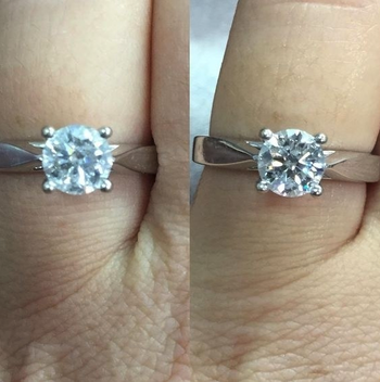 A reviewer's solitaire ring before cleaning (cloudy) and after (clean and brilliant)