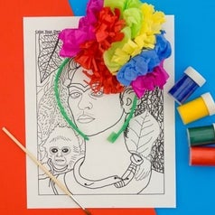 Close-up of a Frida Kahlo coloring page 