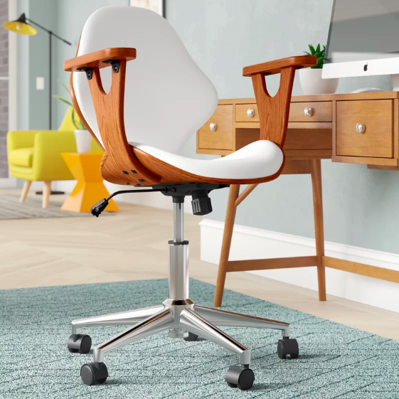 mid-century modern look white desk chair with wood accents and chrome legs