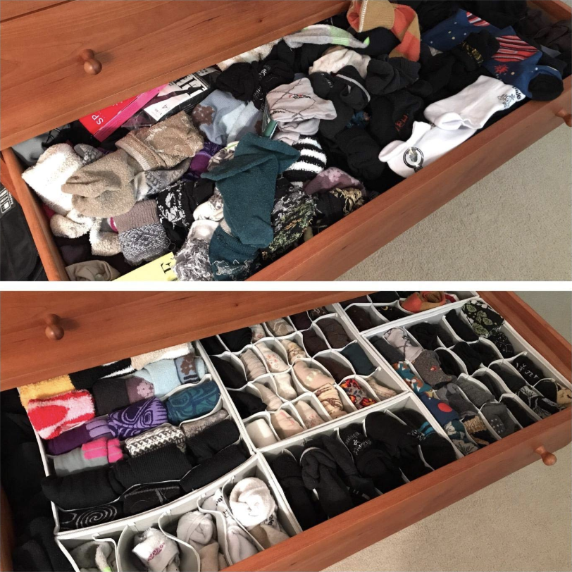 a reviewer's before and after photos of a disorganized drawer and then an orderly drawer