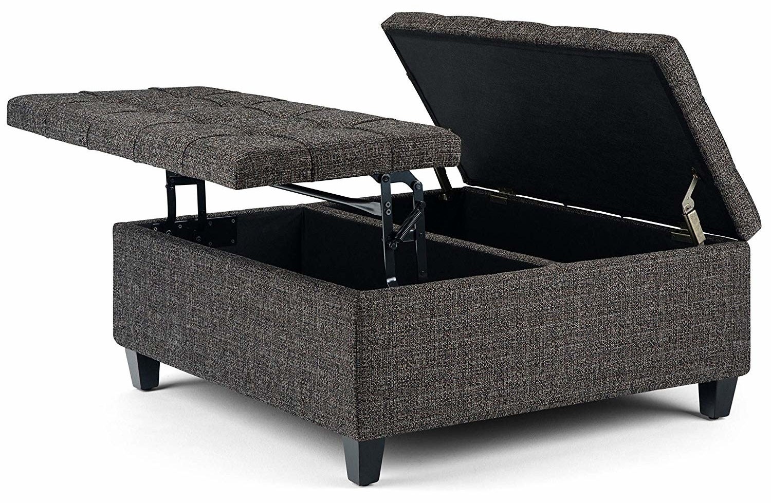 gray rectangular ottoman with lids that raise up to reveal storage