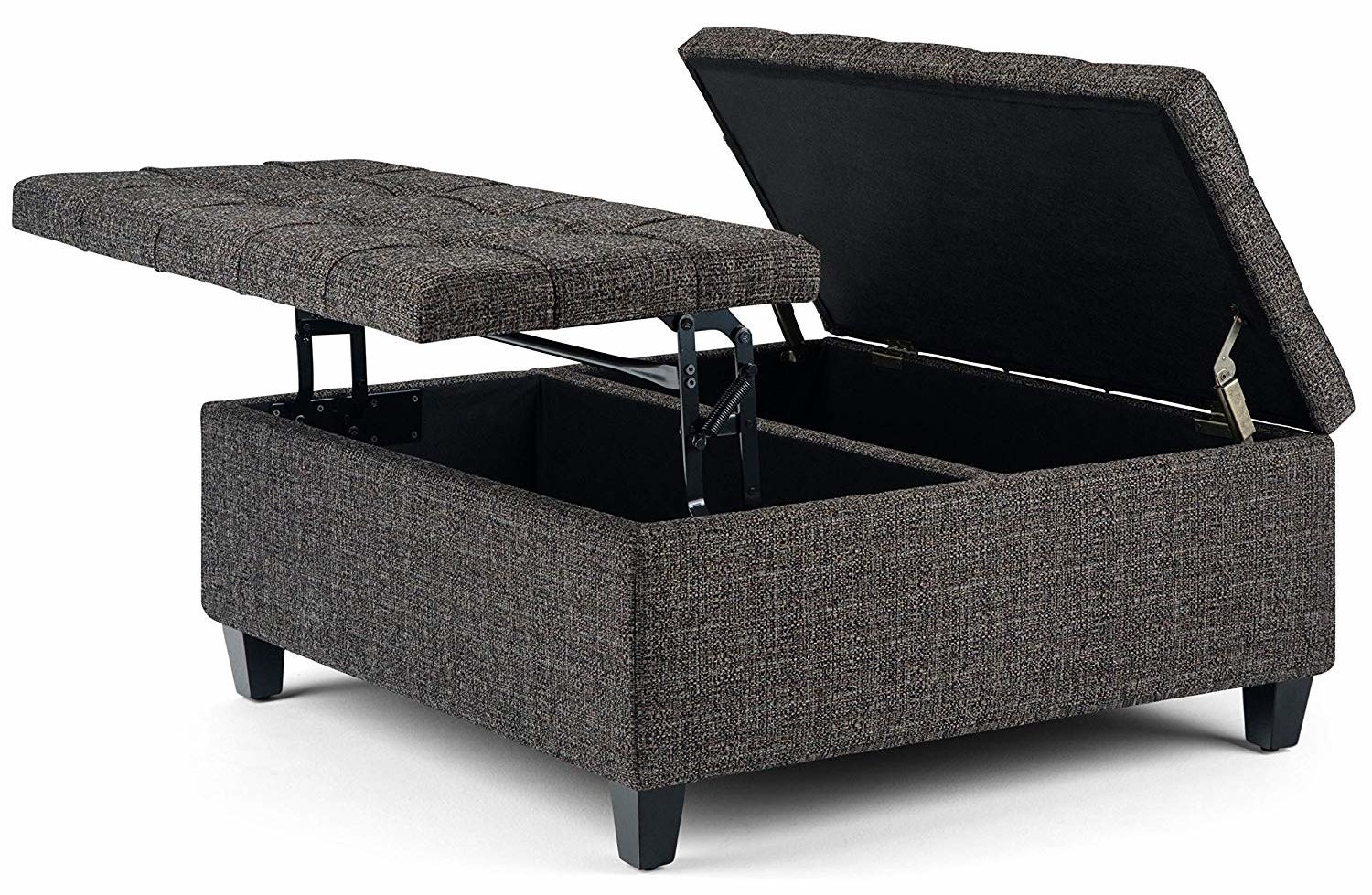 gray rectangular ottoman with lids that raise up to reveal storage