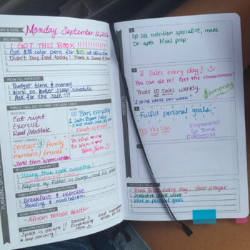 A reviewer's planner pages with all the sections filled out in colorful ink