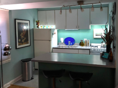 small kitchen with lights under the cabinet for a larger, brighter look