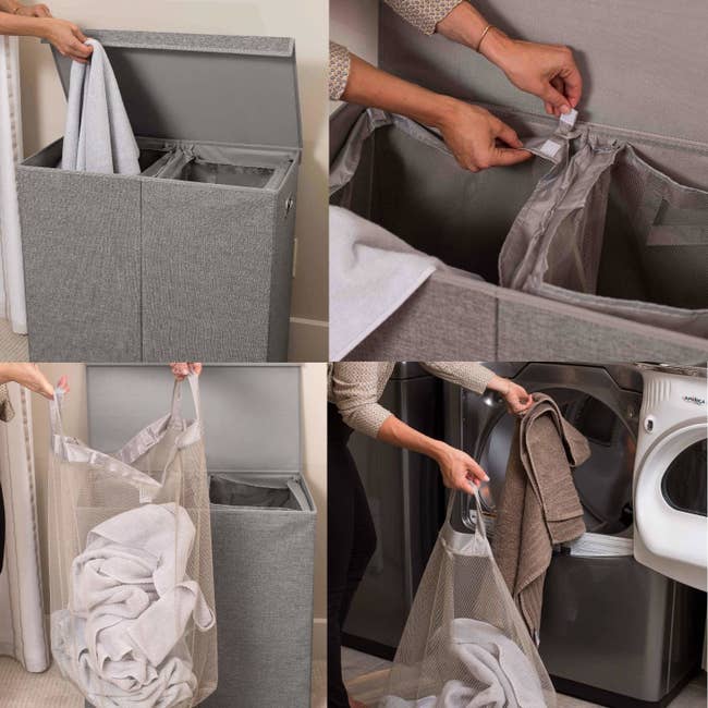 Four images showing a model filling the gray double hamper, unhooking the liner tote bag, pulling it out, and taking it to the washer