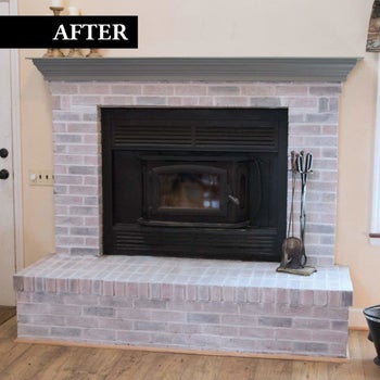 after pic of brick fireplace with whitewash finish for a gray look