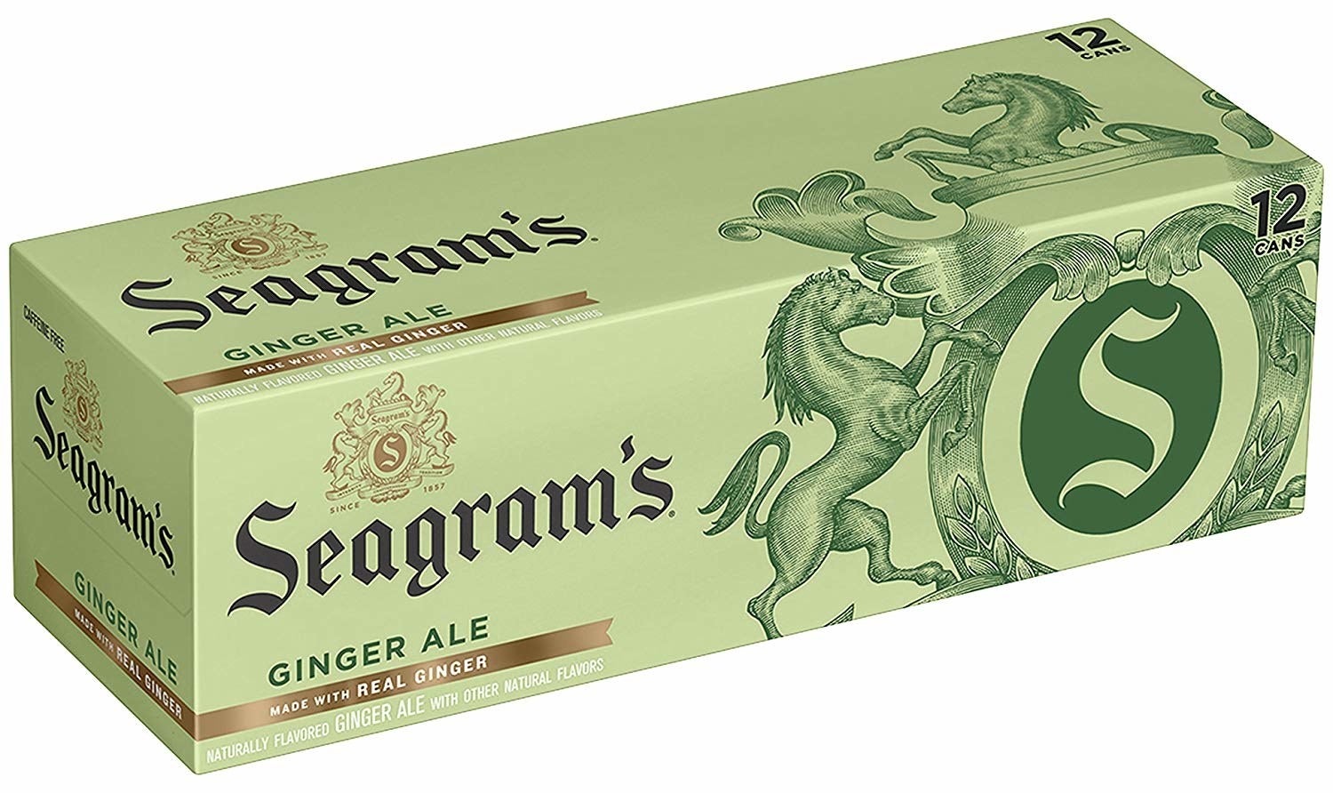 A green box of Seagram&#x27;s canned ginger ale soda. The box shows that it holds 12 cans.