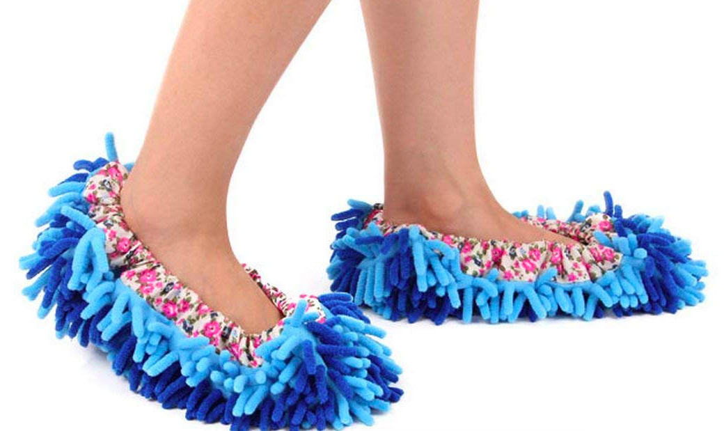 person wearing a pair of blue duster slippers
