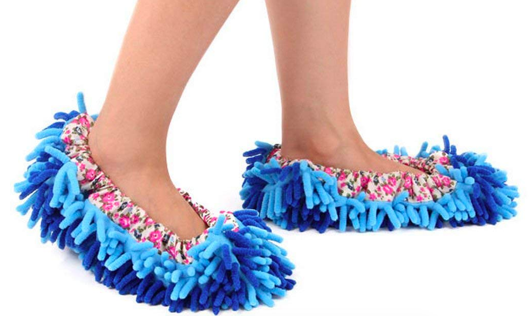 person wearing a pair of blue duster slippers