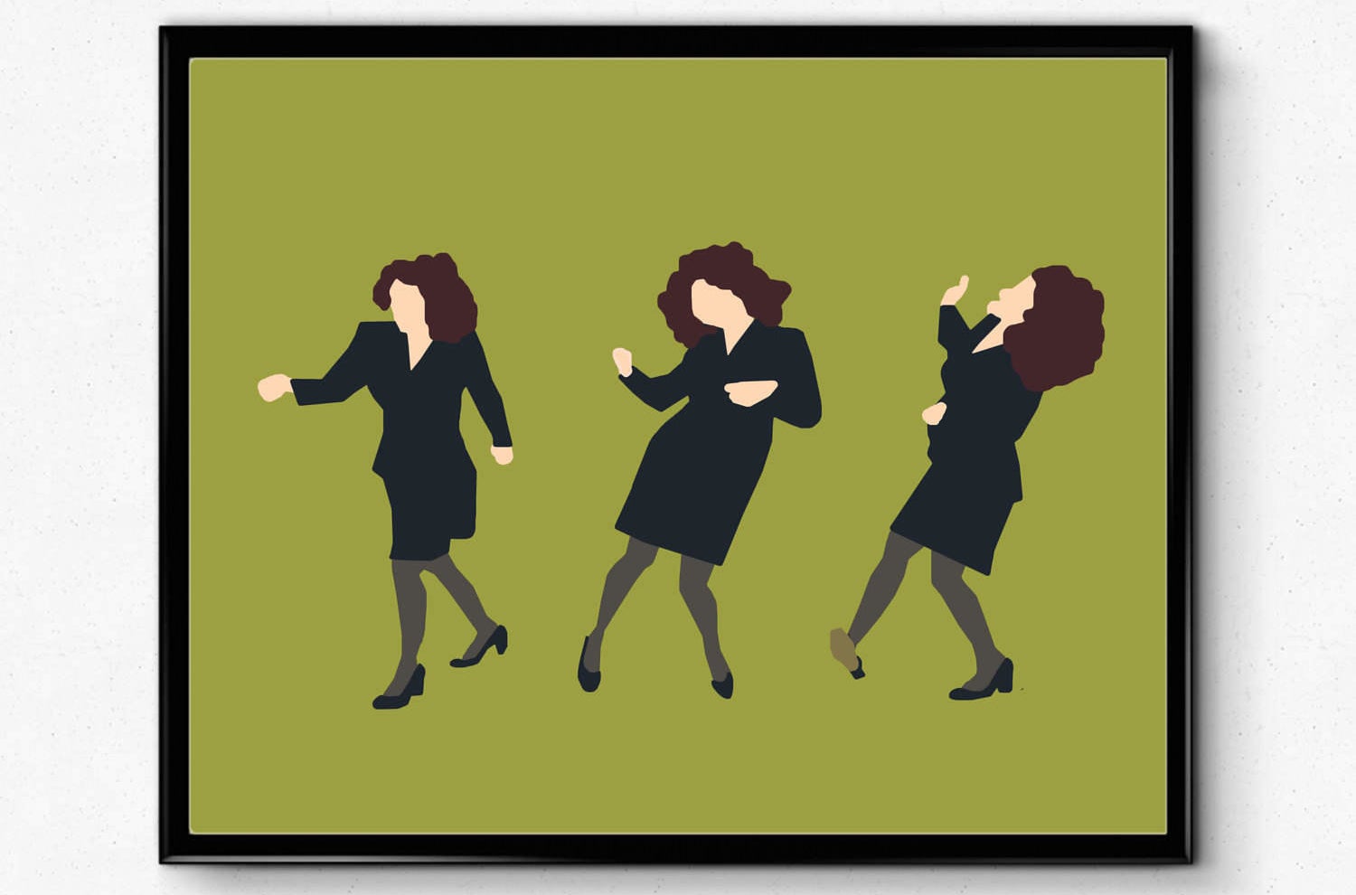 The green print with three stills of Elaine doing the little kicks dance, with no facial features or detailing