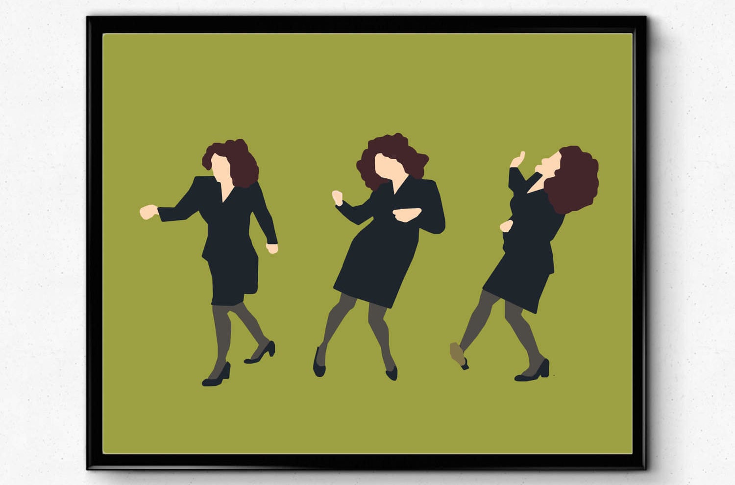 The green print with three stills of Elaine doing the little kicks dance, with no facial features or detailing