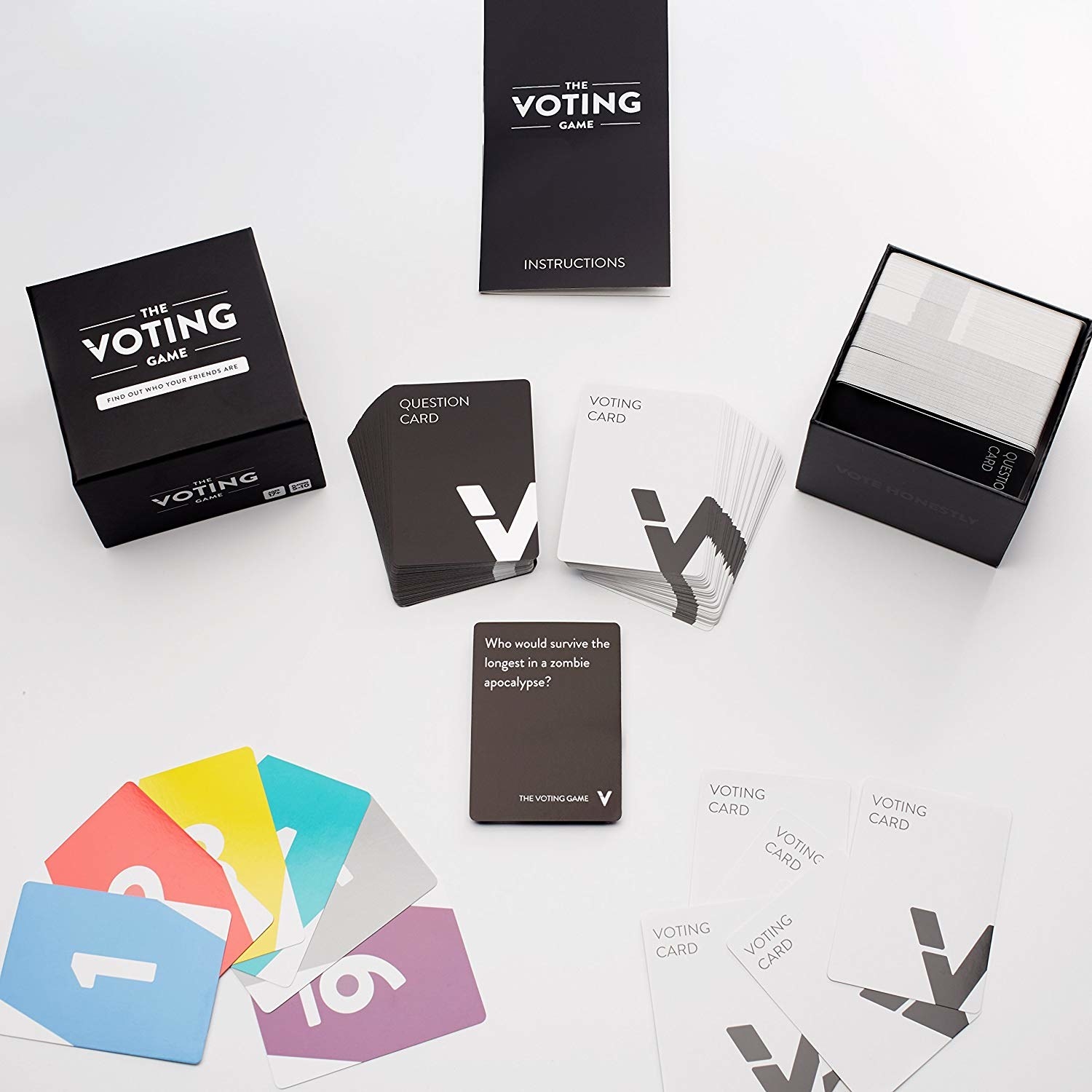 the game&#x27;s prompt cards and voting cards laid out