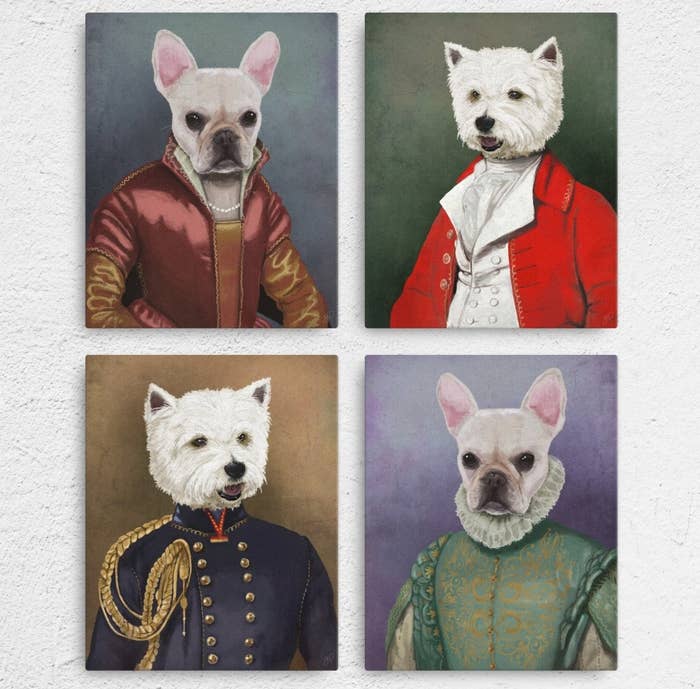 four portraits  of dogs in fancy victorian attire 